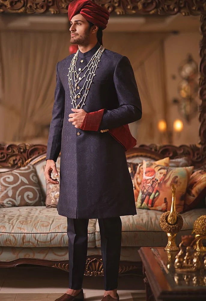 Pakistani Men Blue Sherwani with Dupatta Shawl